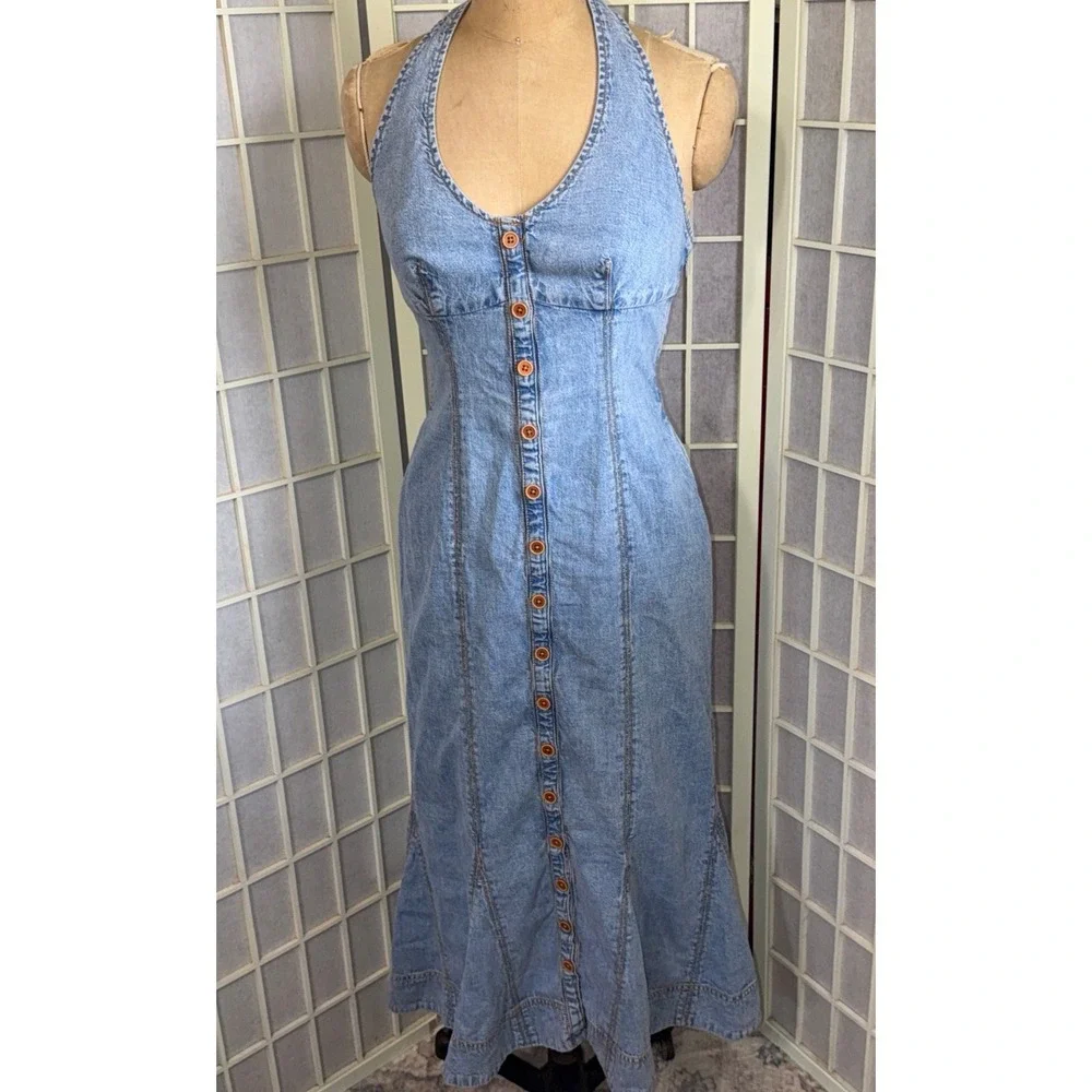MAEVE By Anthropologie Coastal Cowgirl Button Front Corset Halter Denim Dress 2 - Picture 12 of 12